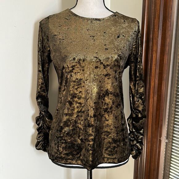 Vince Camuto | Ruched Sleeve Black and Gold Metallic Top Size S - Picture 3 of 10